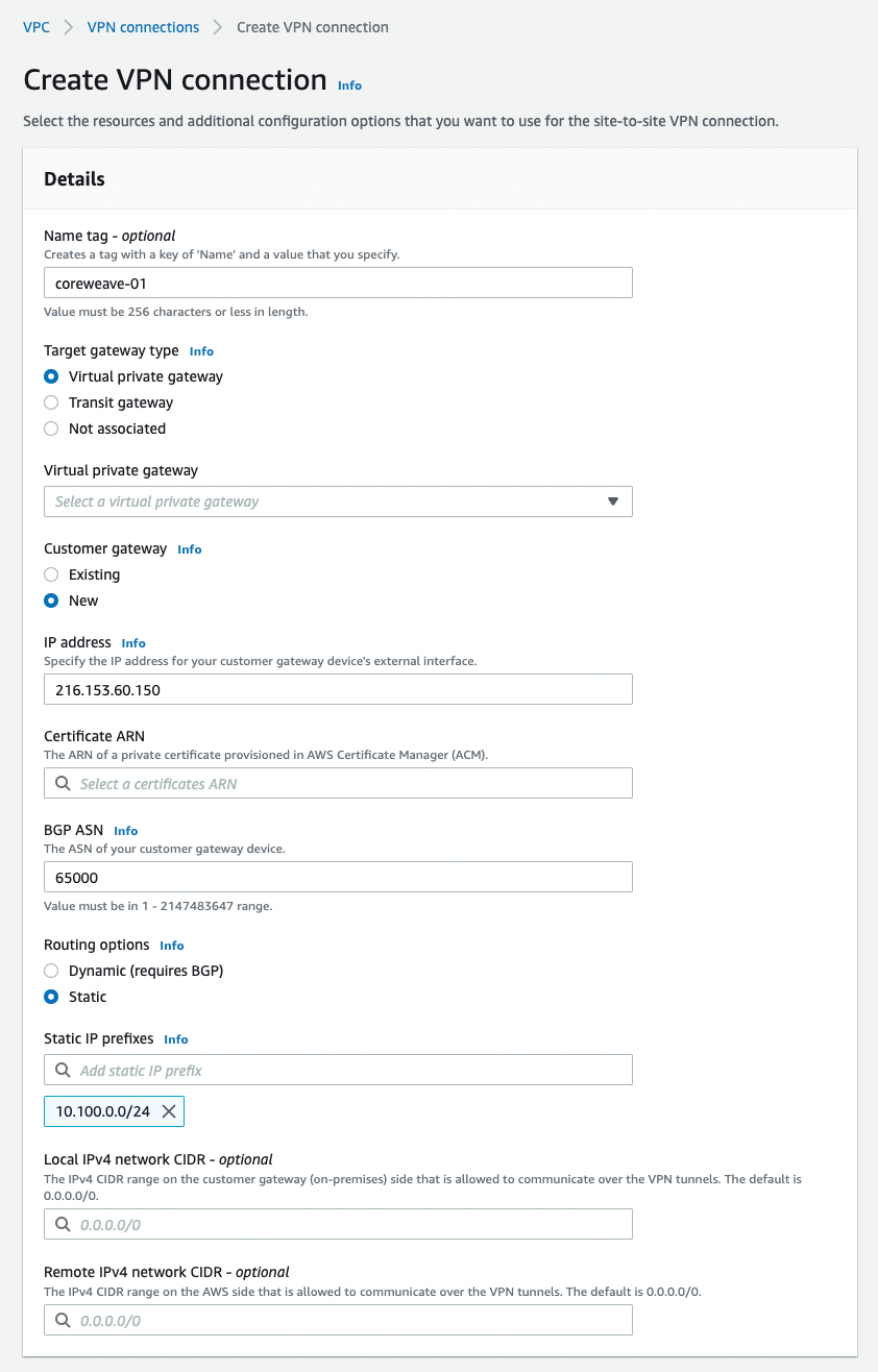 The "Details" section of the new Site-to-Site VPN connection configuration menus.